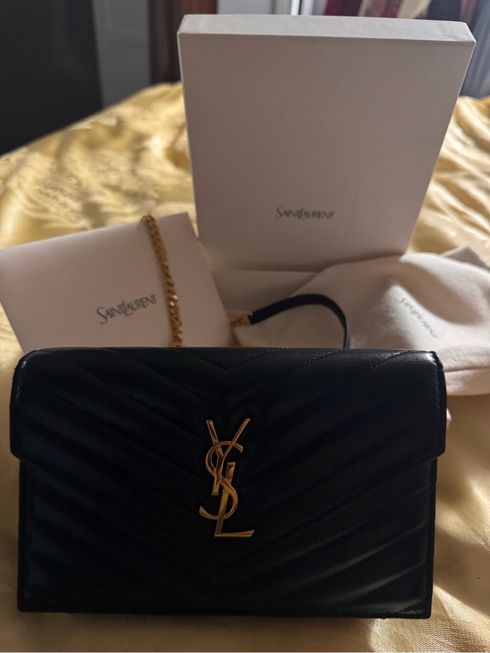 Saint Laurent Black Quilted Leather Crossbody with Gold YSL Logo